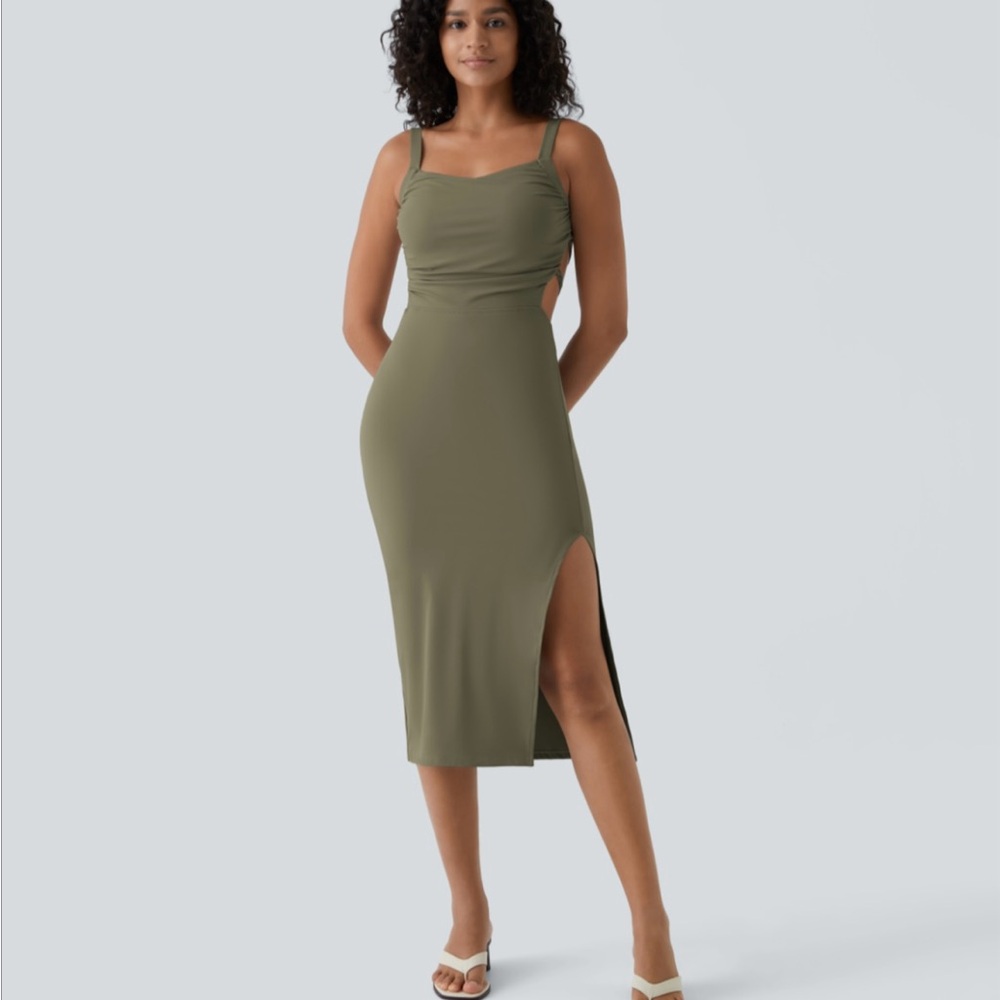 HALARA Olive Midi Dress with Side Slit